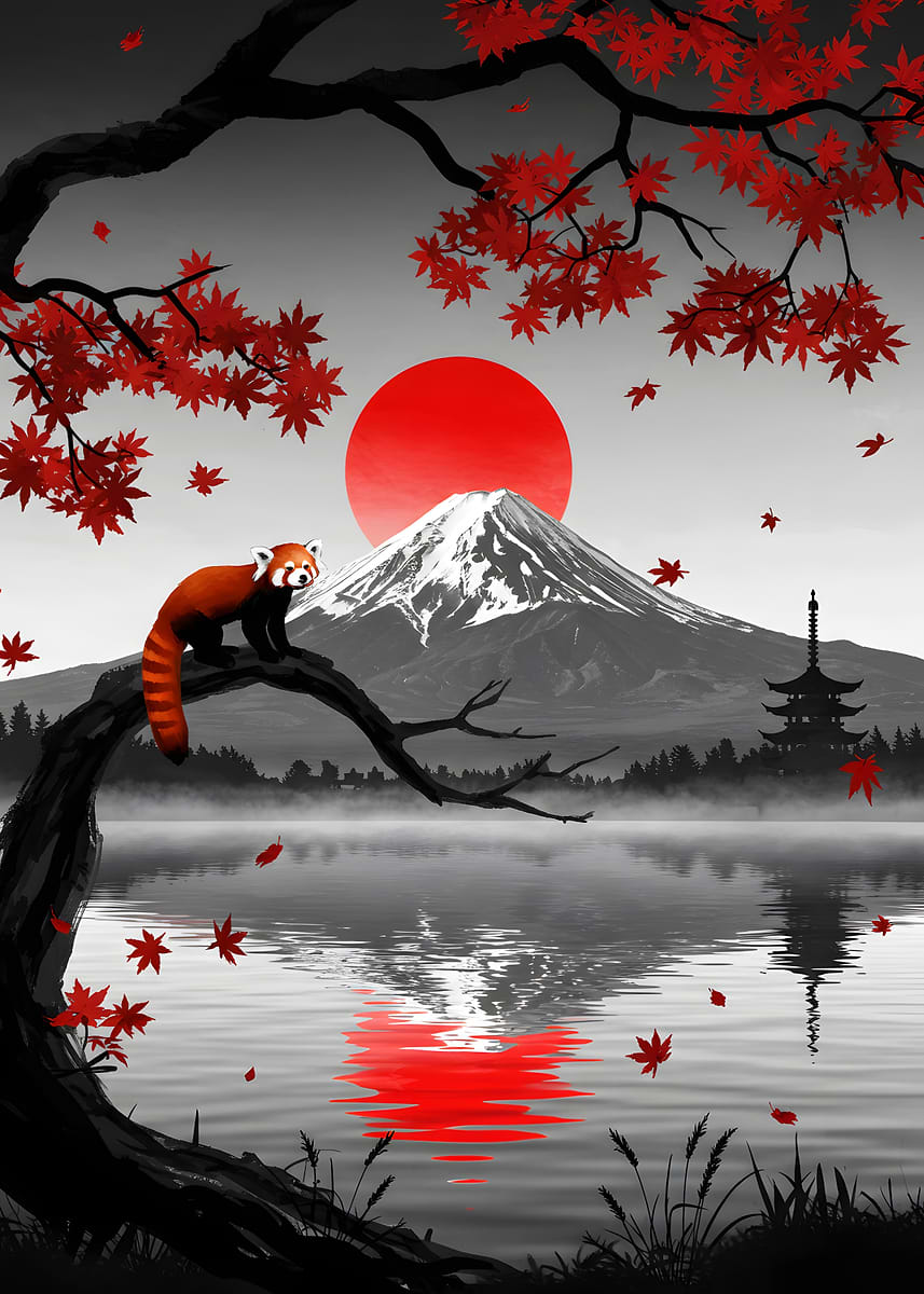 'Red Panda and Mount Fuji Landscape' Poster, picture, metal print ...