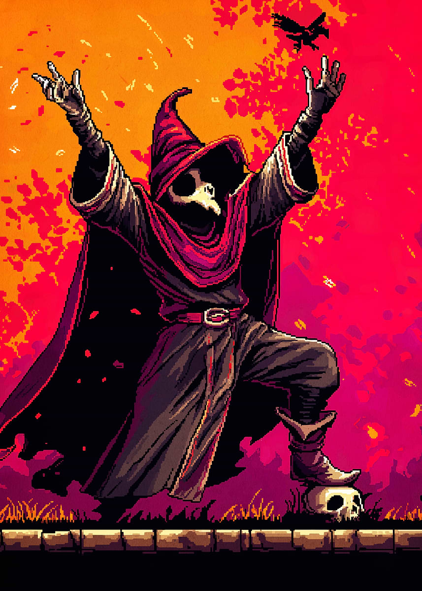 Pixel Art Necromancer with Raven' Poster, picture, metal print