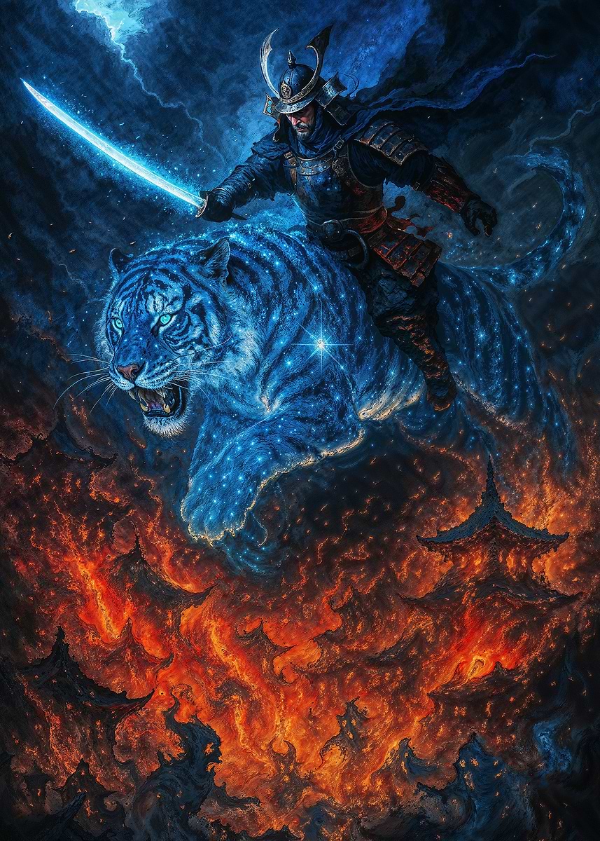 'Samurai Riding Glowing Celestial Tiger' Poster, picture, metal print ...