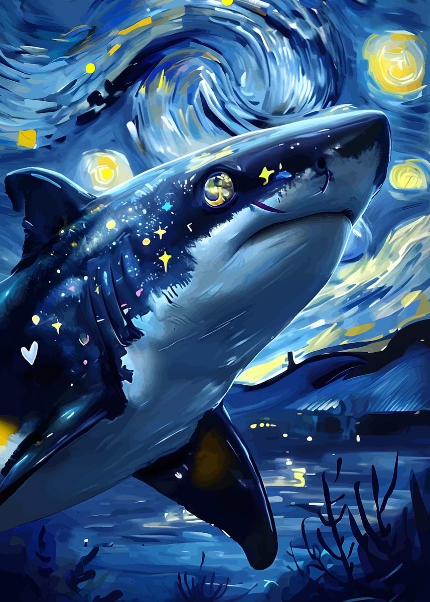 Starry Night Shark' Poster, picture, metal print, paint by Silly