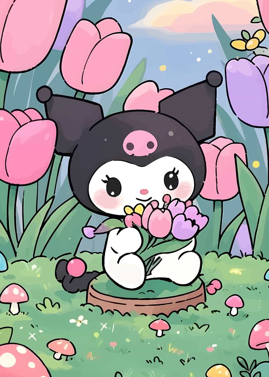黒墨 kurosumi (12oz) ライン用 full Kuromi in a tulip garden' Poster, picture, metal print, paint by