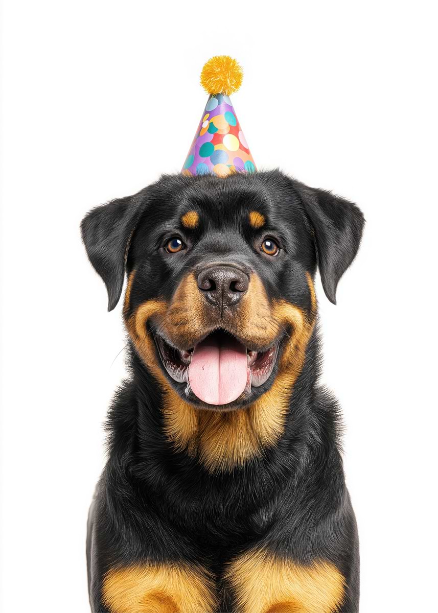 'Rottweiler Dog with Party Hat' Poster, picture, metal print, paint by