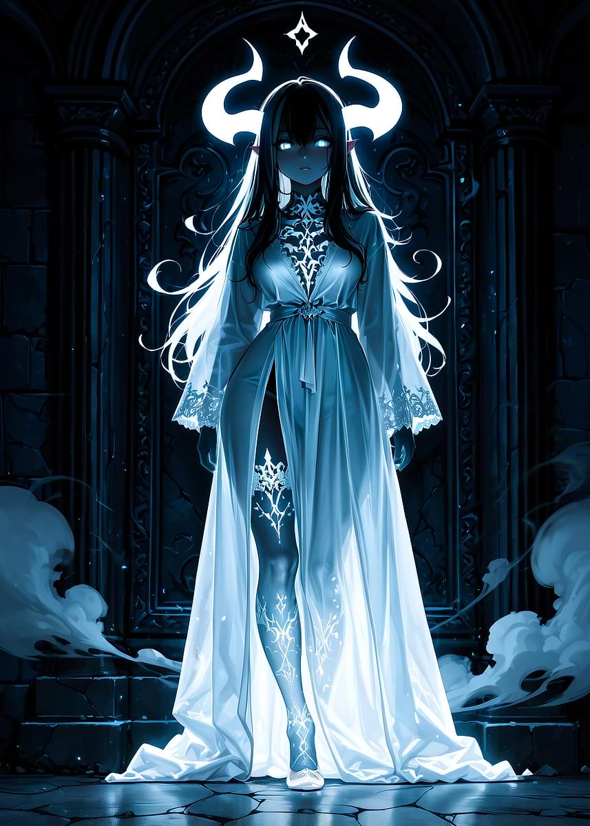 Anime Girl with Horns in Blue' Poster, picture, metal print, paint