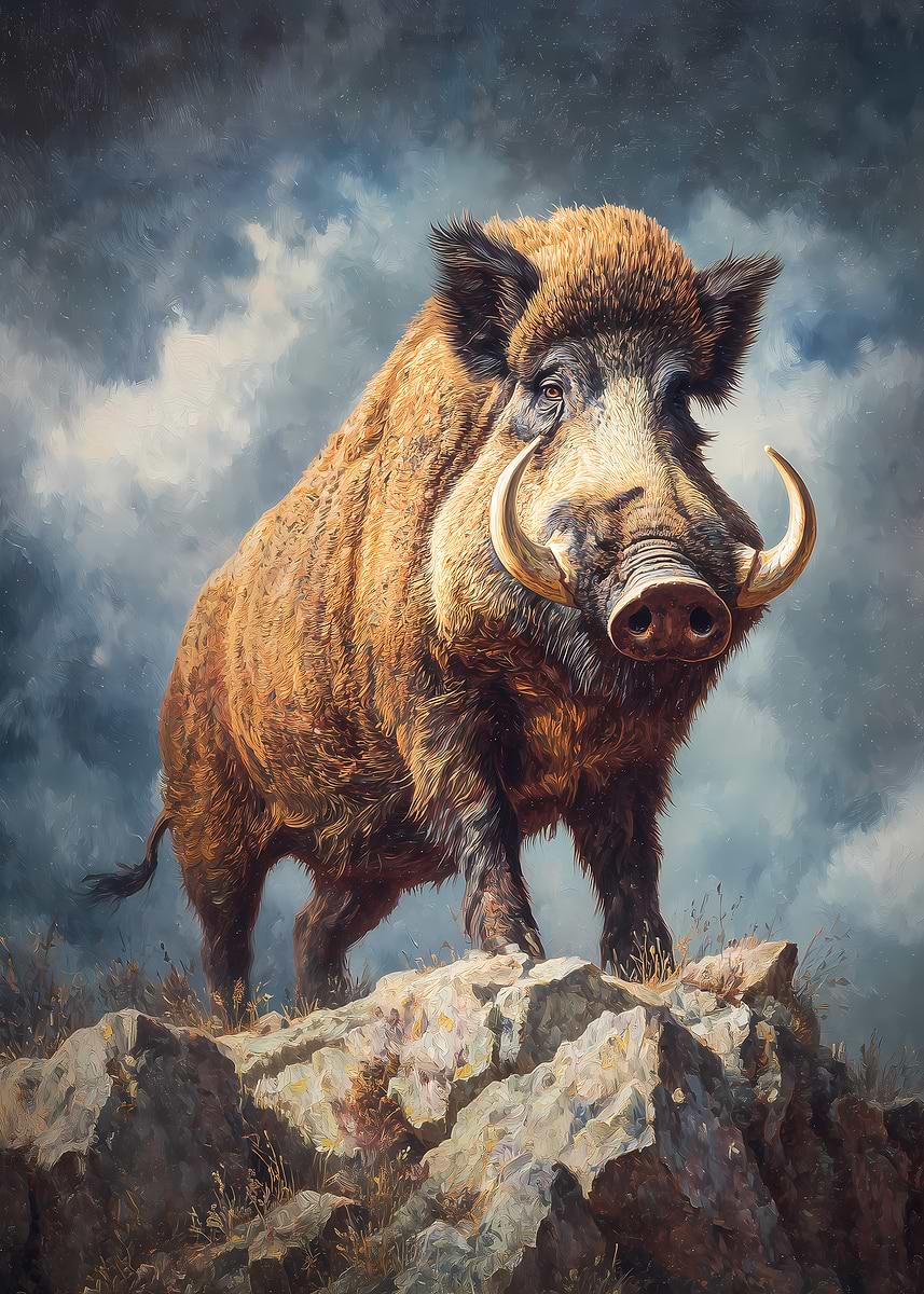 Rocking Boar 'Majestic Wild Boar on Rocky Peak' Poster, picture, metal print, paint ...