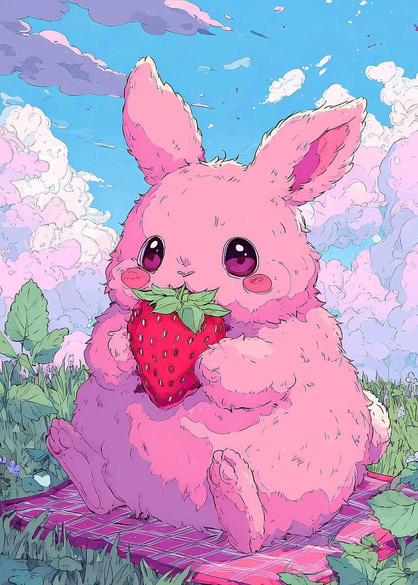 Cute Pink Bunny with Strawberry' Poster, picture, metal print
