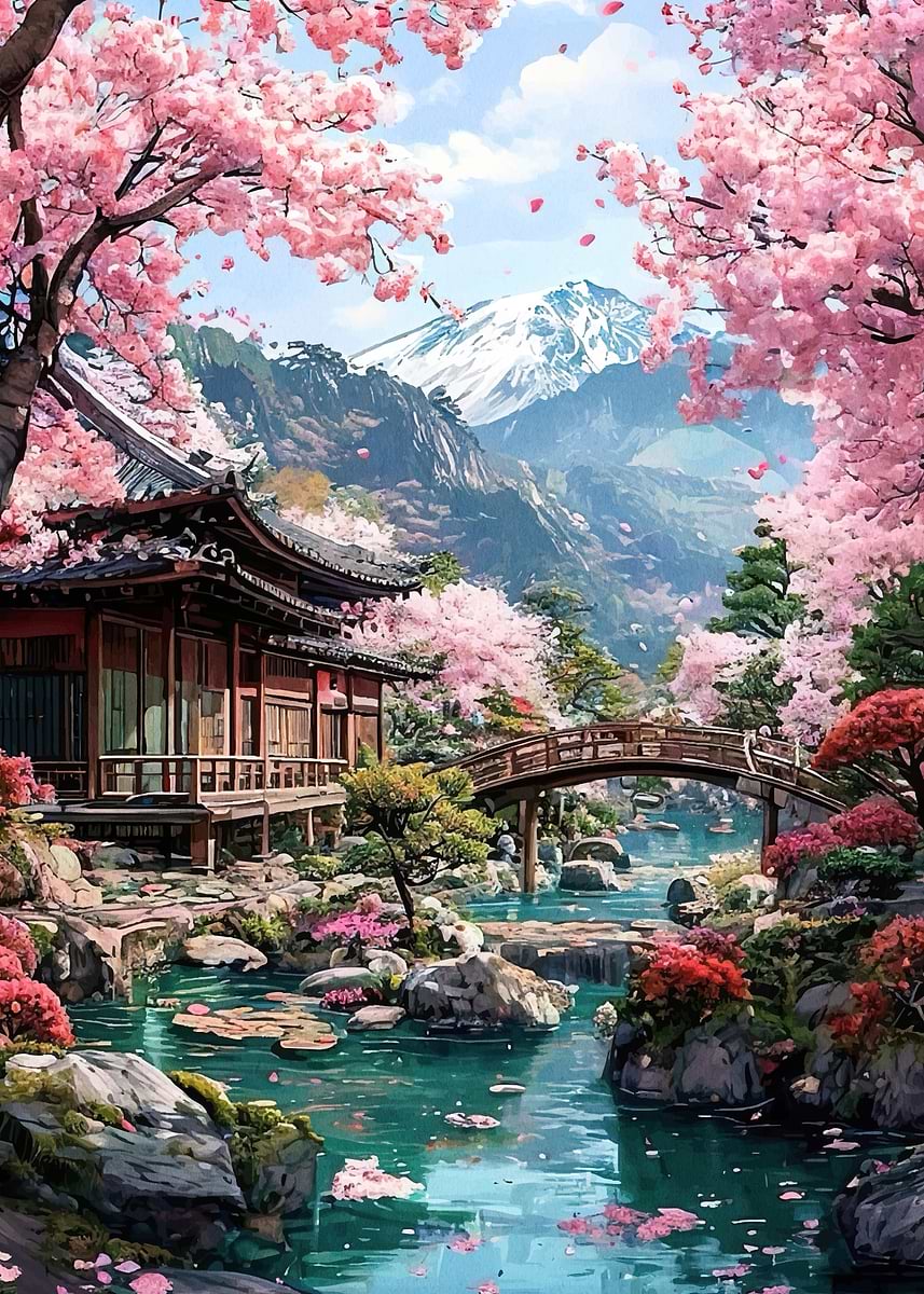 Japanese Garden Cherry Blossoms' Poster, picture, metal print