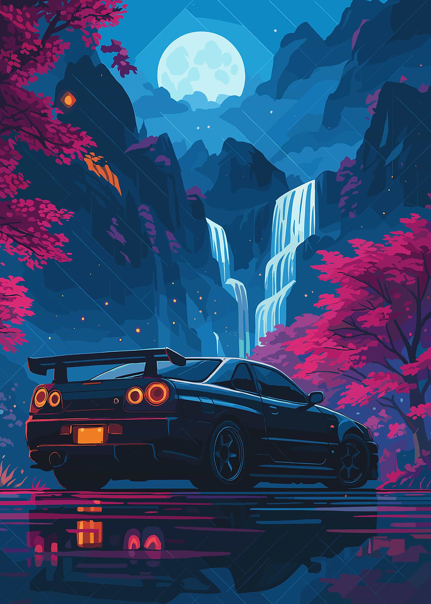 Nissan Skyline R34 Night Landscape' Poster, picture, metal print