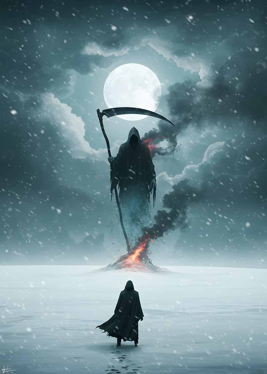 Grim Reaper in Snowy Landscape' Poster, picture, metal print