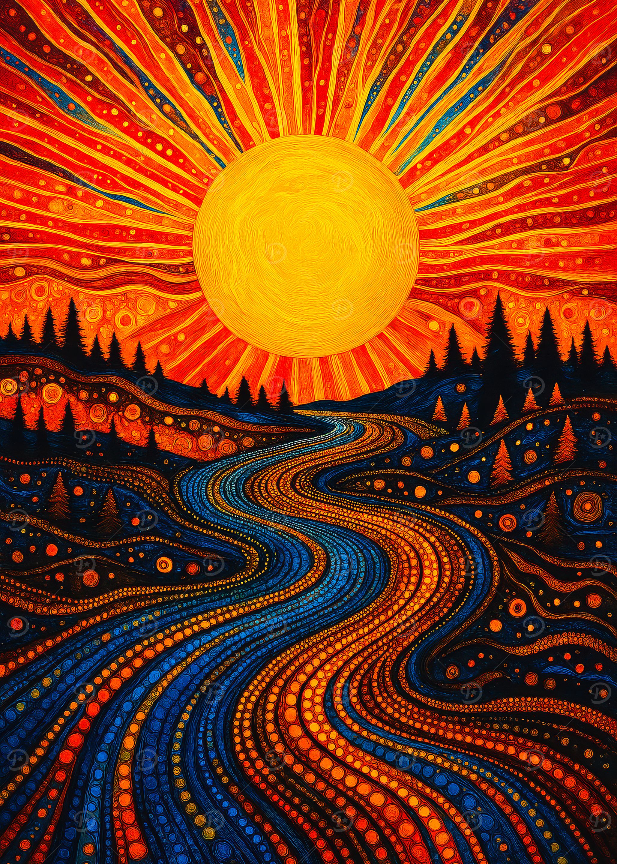 Psychedelic Sun River Landscape Art' Poster, picture, metal print