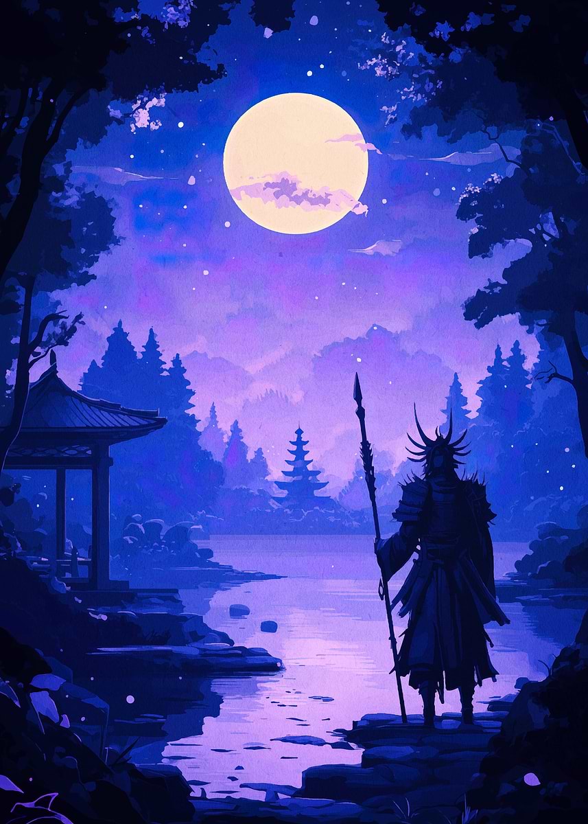 Samurai Under Moonlight Poster, Picture & Metal Print – Digital