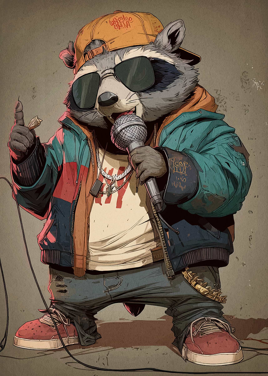 Rapper Raccoon with Microphone' Poster, picture, metal print