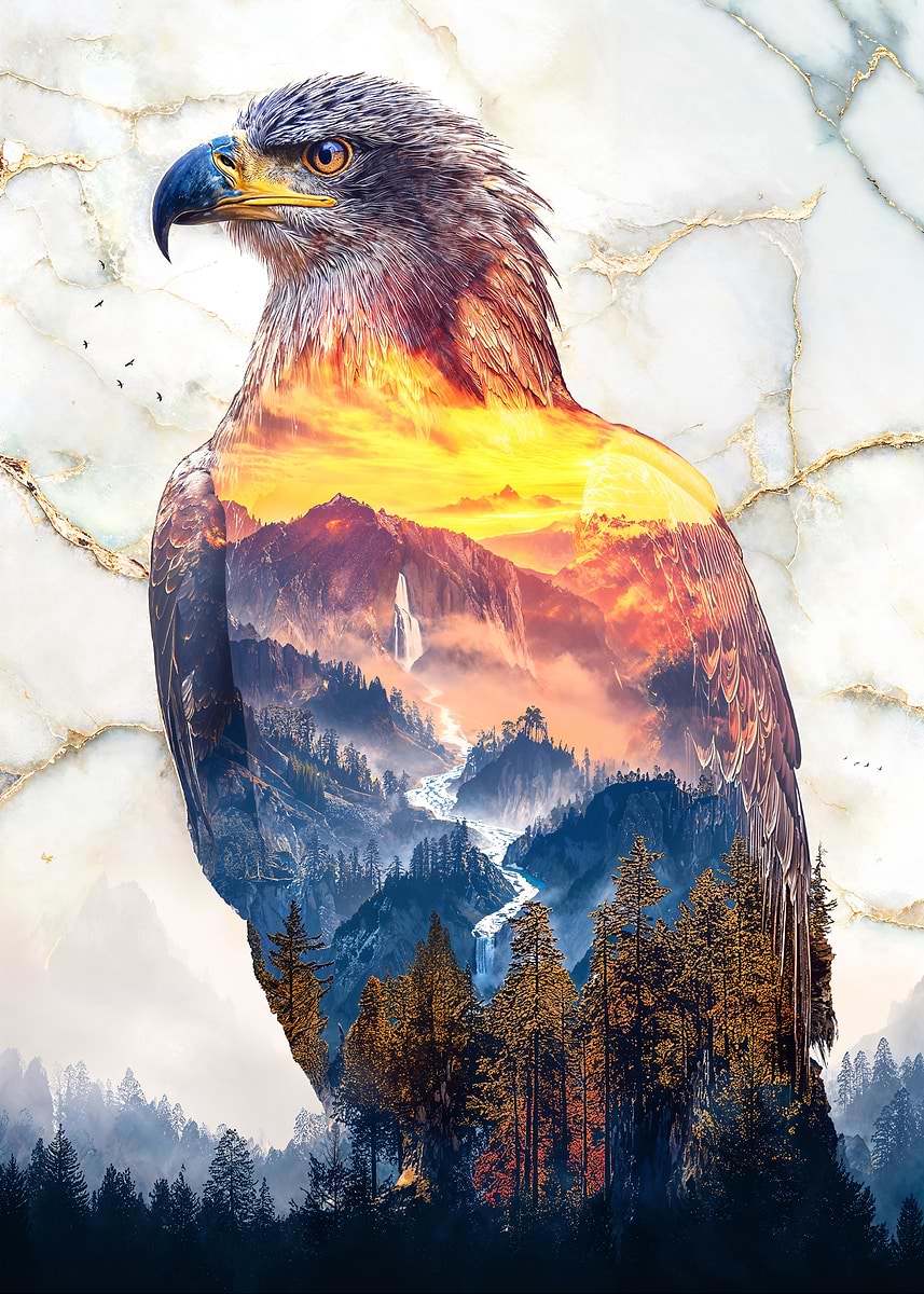 Golden Eagle's Sunset Realm — from the Avatars Of Nature collection, a Pixaverse metal print