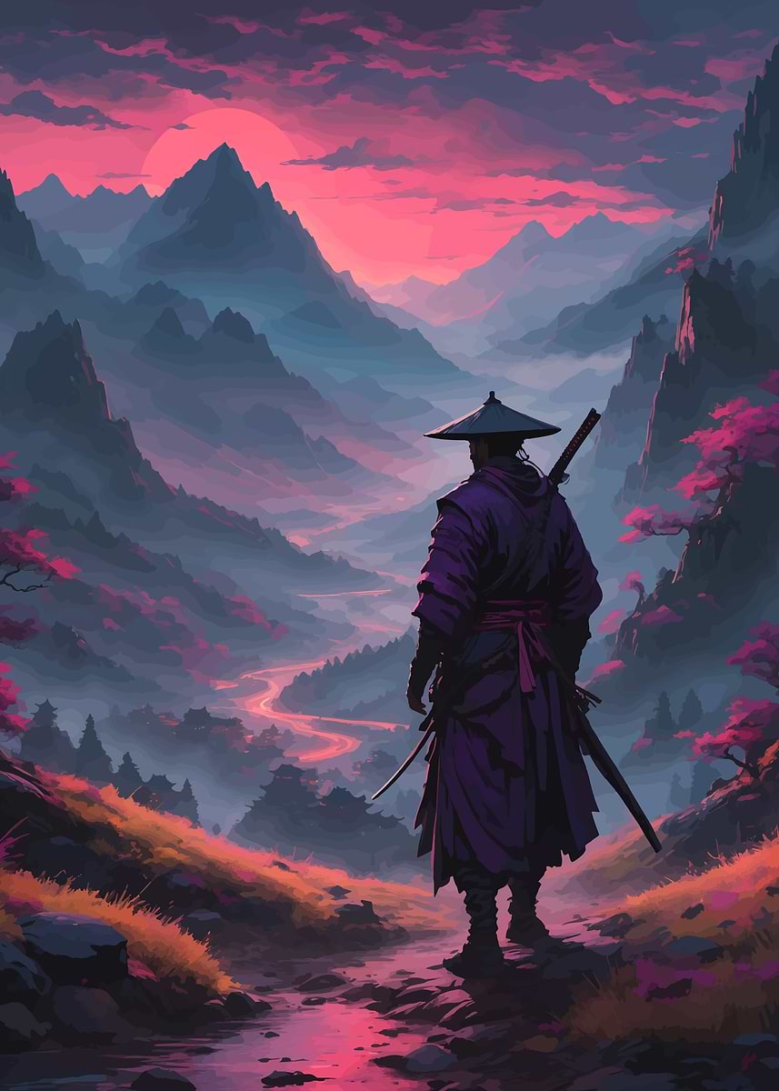 Samurai in Mountain Landscape at Sunset' Poster, picture, metal