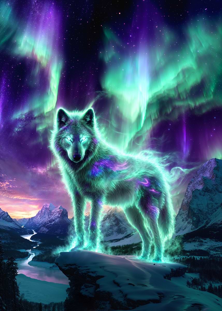 Aurora Essence Wolf — from the Forgotten Fantasy Realms collection, a Pixaverse metal print