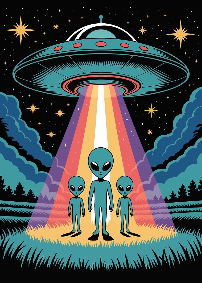 UFO with Aliens in a Field' Poster, picture, metal print, paint by