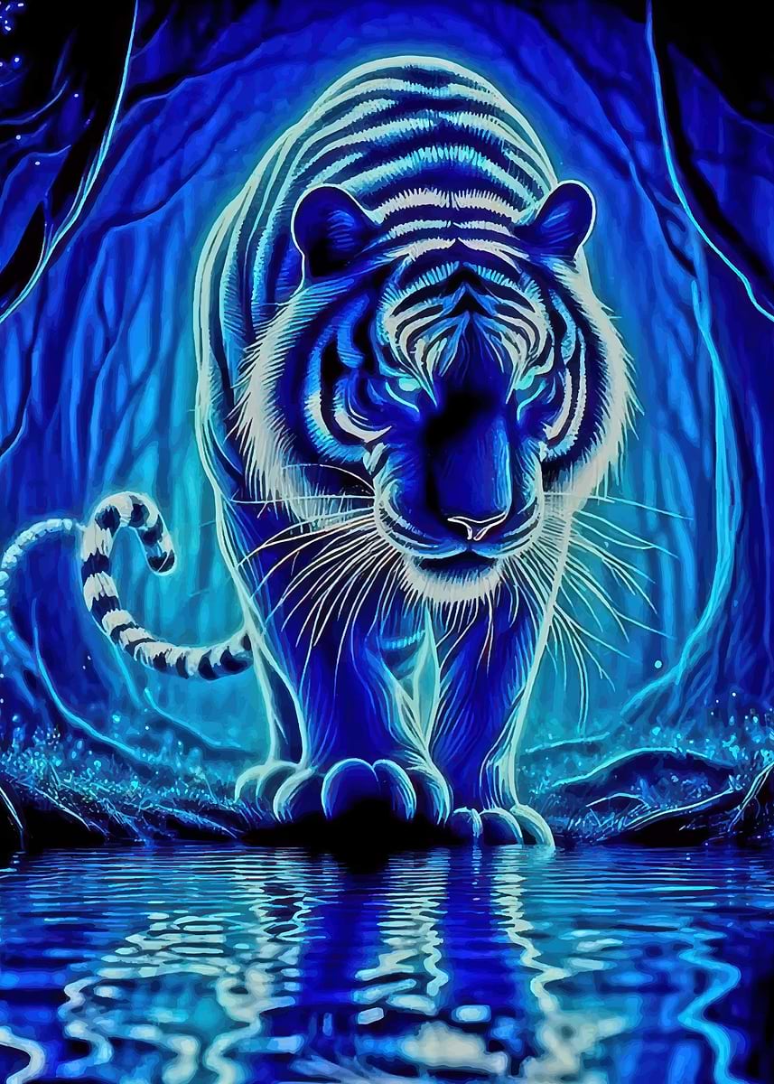 Blue Tiger in Forest Reflection' Poster, picture, metal print