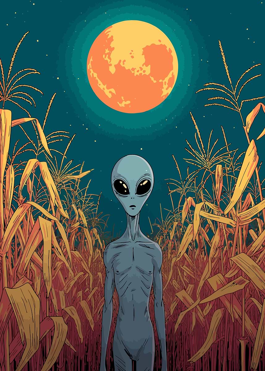 'Alien in Cornfield Under Full Moon' Poster, picture, metal print ...