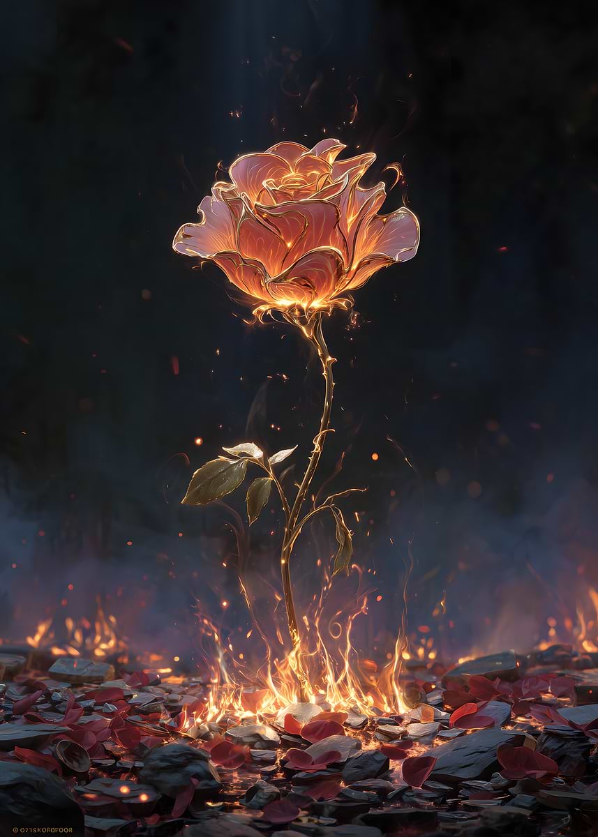 Burning Rose' Poster, picture, metal print, paint by CINEMO | Displate