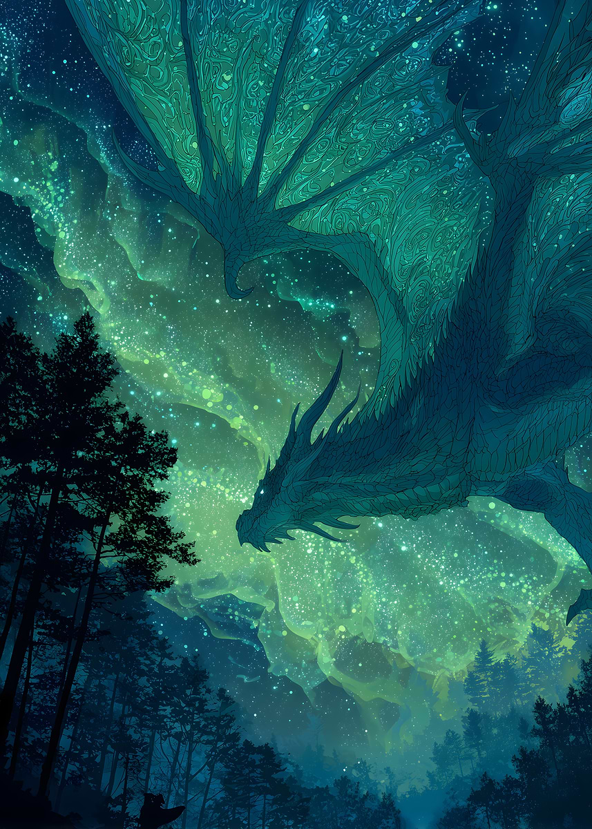 'Dragon in the starry night sky' Poster, picture, metal print, paint by ...