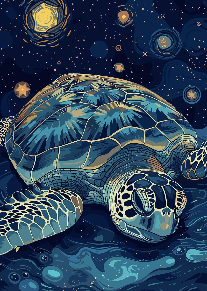 'Starry Night Sea Turtle Illustration' Poster, picture, metal print ...