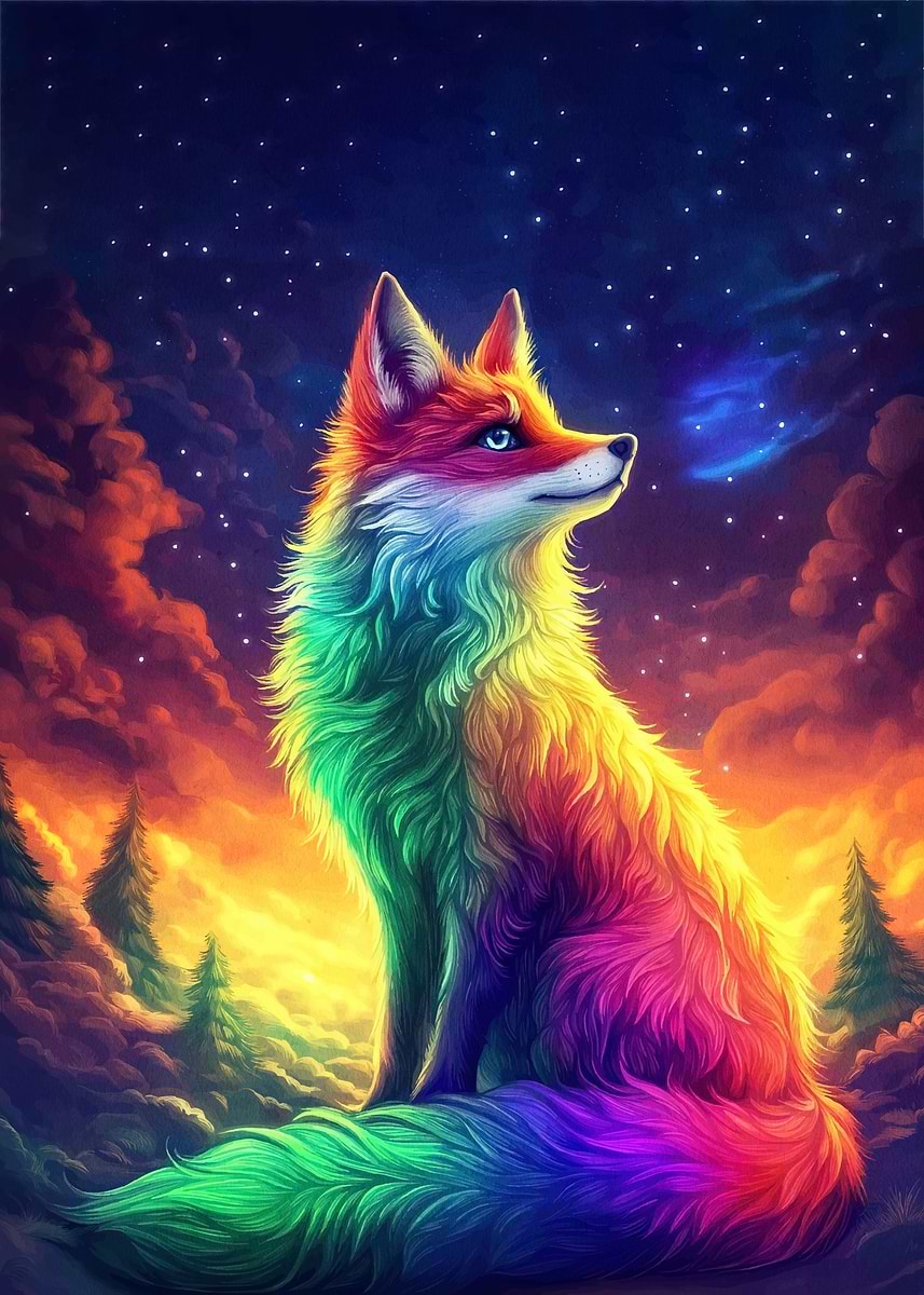 Rainbow Fox Stargazing' Poster, picture, metal print, paint by