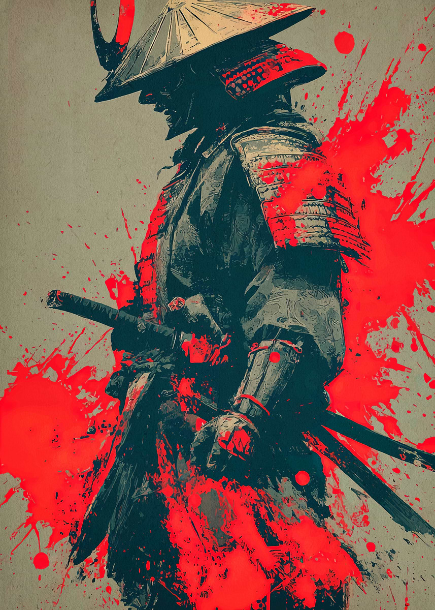 Samurai Warrior with Red Splatter' Poster, picture, metal print
