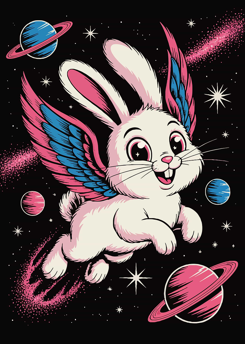 'Winged Rabbit in Space Cartoon' Poster, picture, metal print, paint by ...