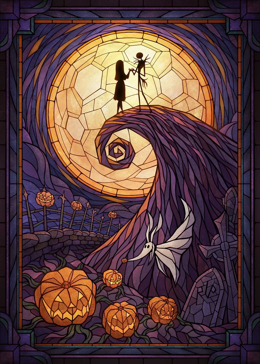A poster in the style of stained glass features Jack Skellington and Sally from The Nightmare Before Christmas as silhouettes atop the spiral hill, set against a large, glowing full moon.