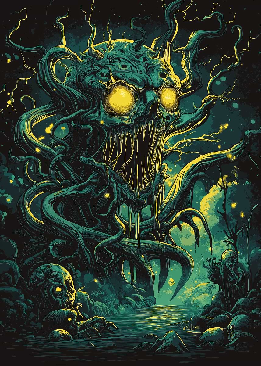 Swamp God Awakens – Horror Skull Poster | Dark Forest Monster Wall