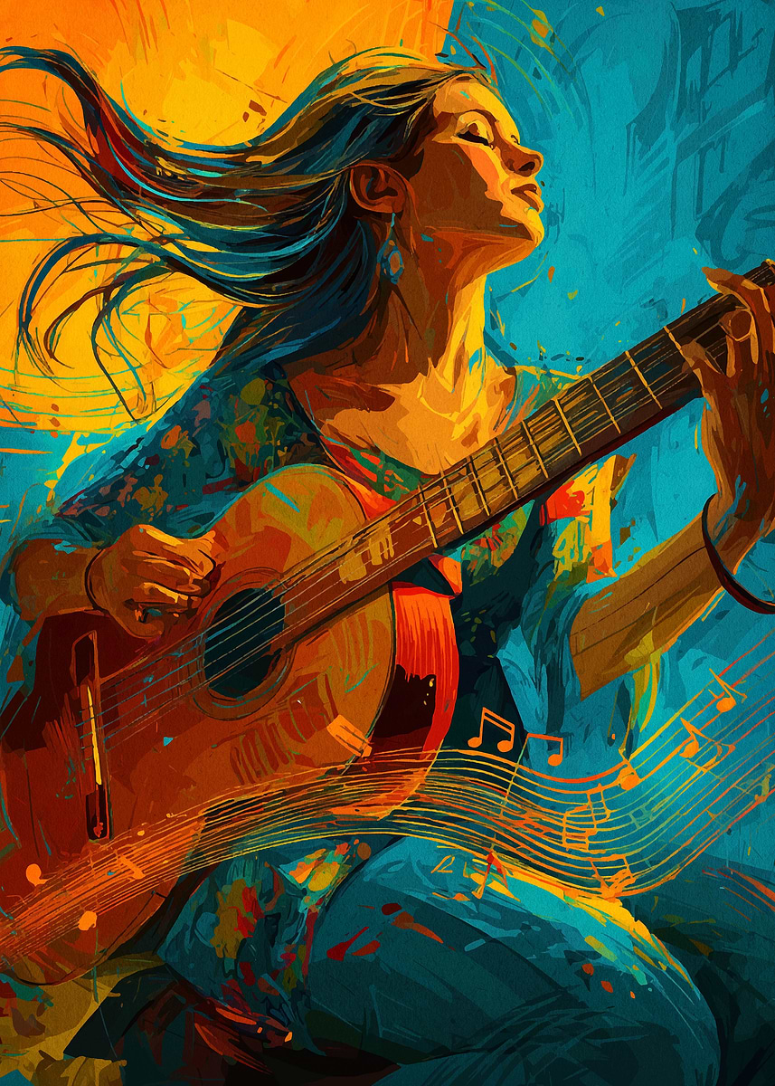 Woman Playing Guitar Abstract Art' Poster, picture, metal print