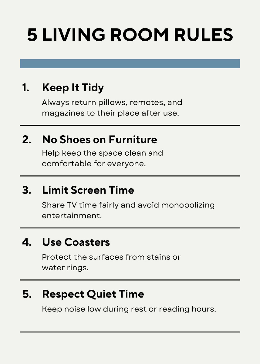 '5 Living Room Rules Poster' Poster, picture, metal print, paint by ...