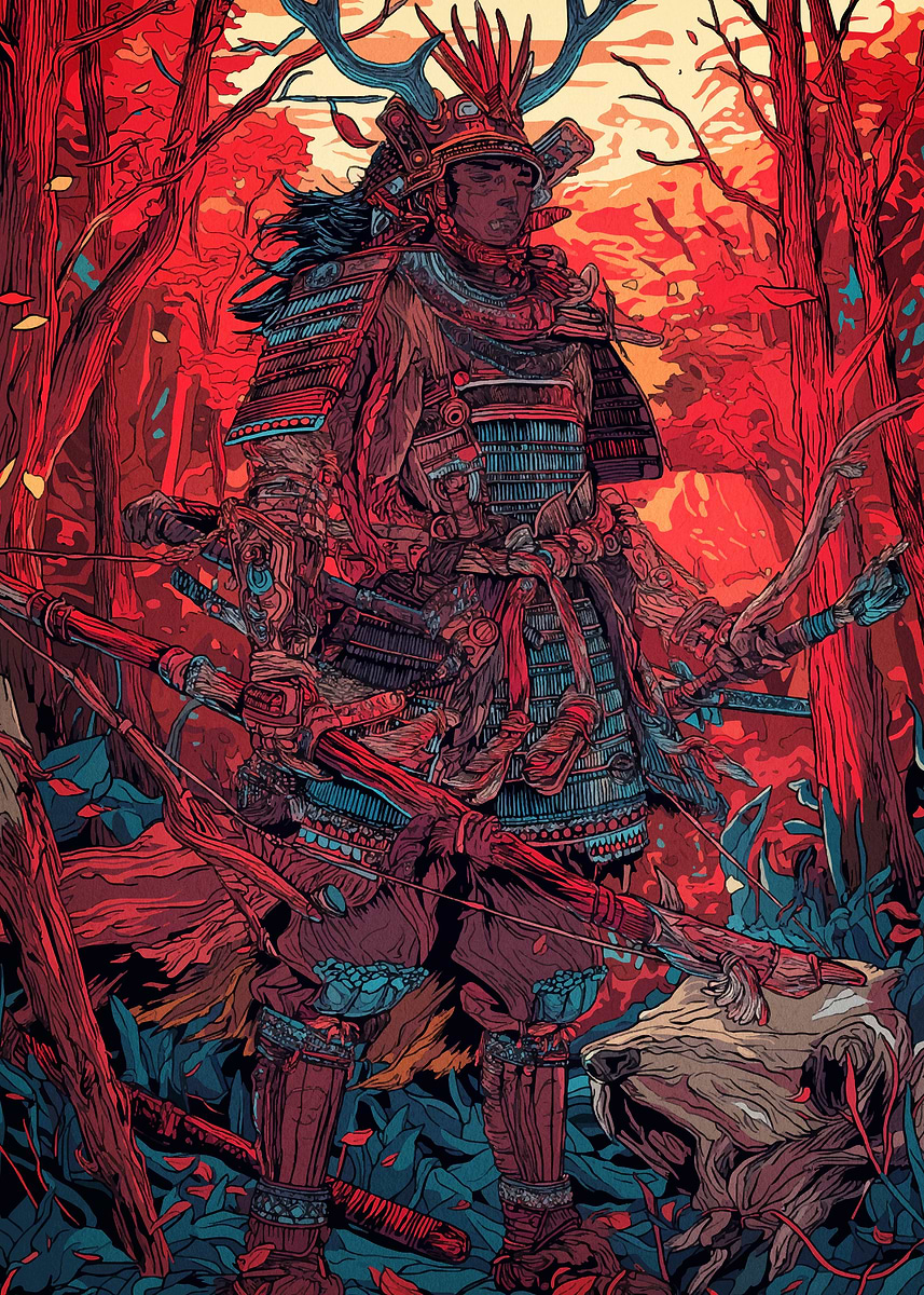 Samurai Archer in Red Forest' Poster, picture, metal print, paint