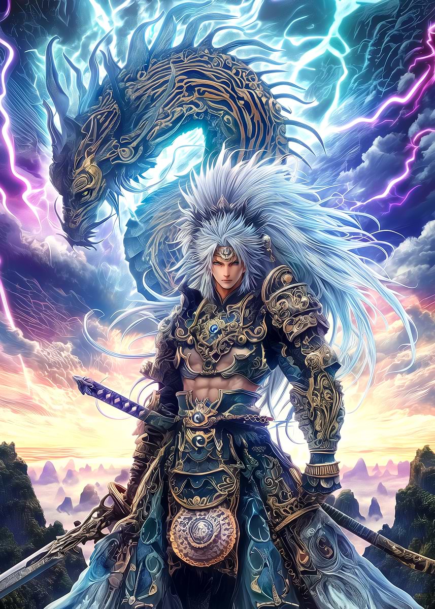 'Warrior with Dragon and Lightning' Poster, picture, metal print, paint ...