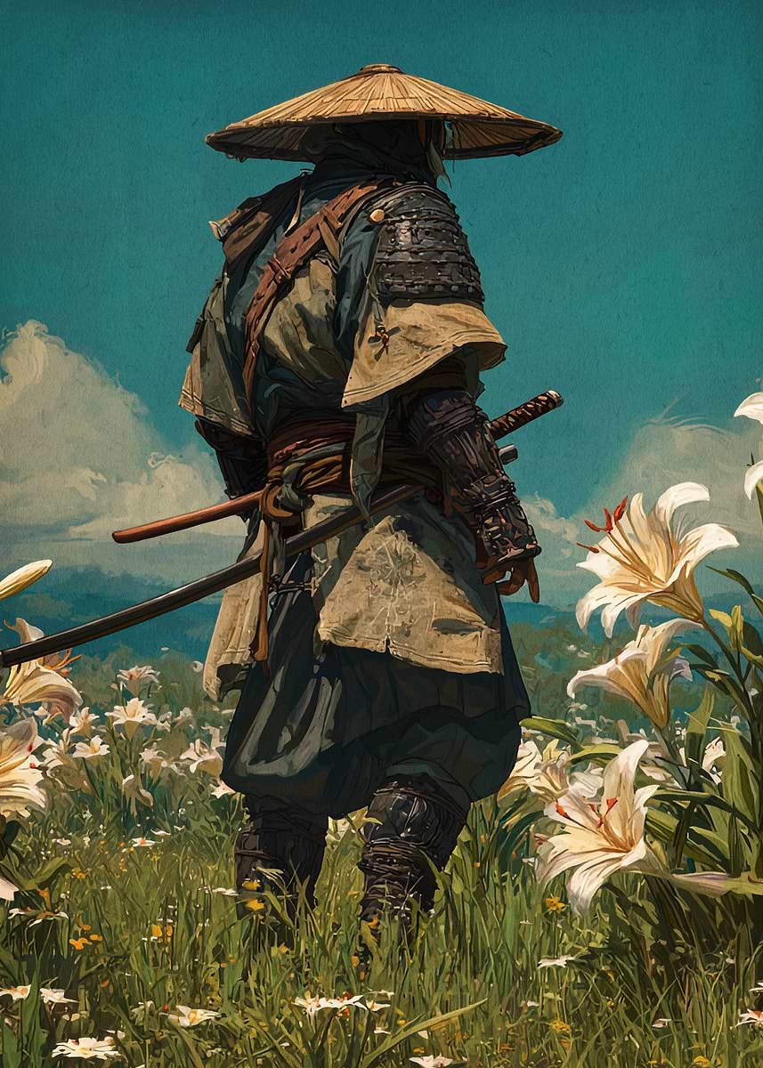 Samurai in a field of lilies' Poster, picture, metal print, paint