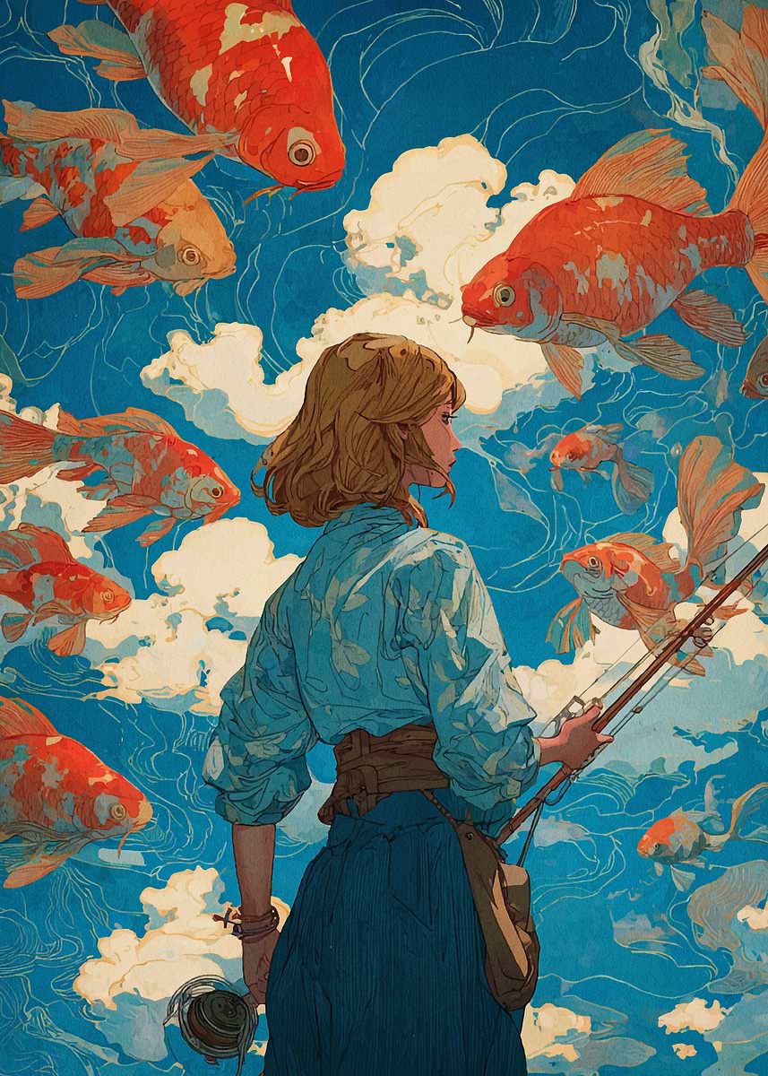 'Woman Fishing in a Sea of Fish' Poster, picture, metal print, paint by ...