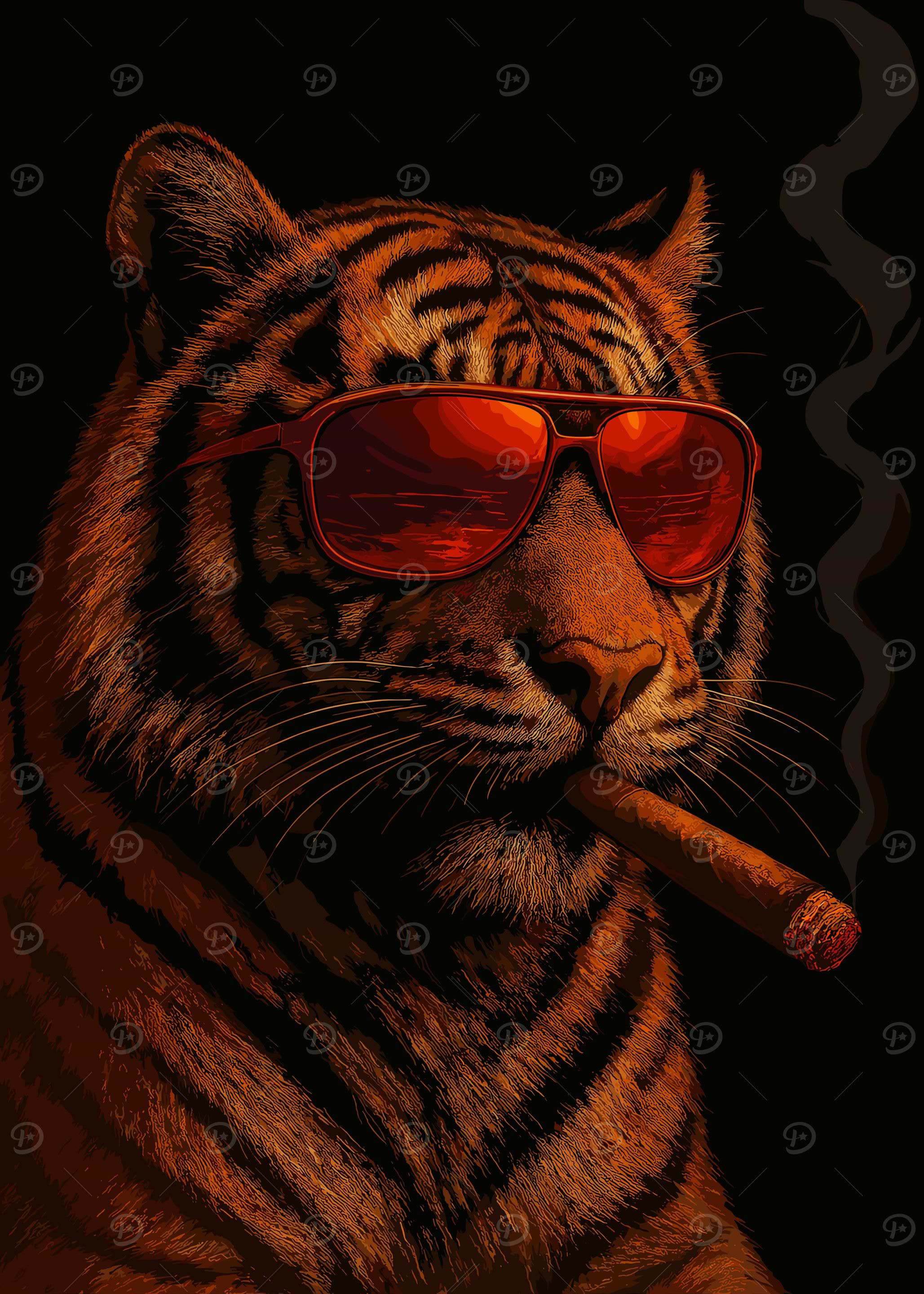 tiger with cigarette Cool Tiger with Sunglasses and Cigar' Poster, picture, metal print, paint  by Fill Artwork