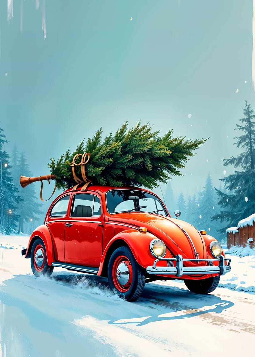 Red Beetle with Christmas Tree' Poster, picture, metal print