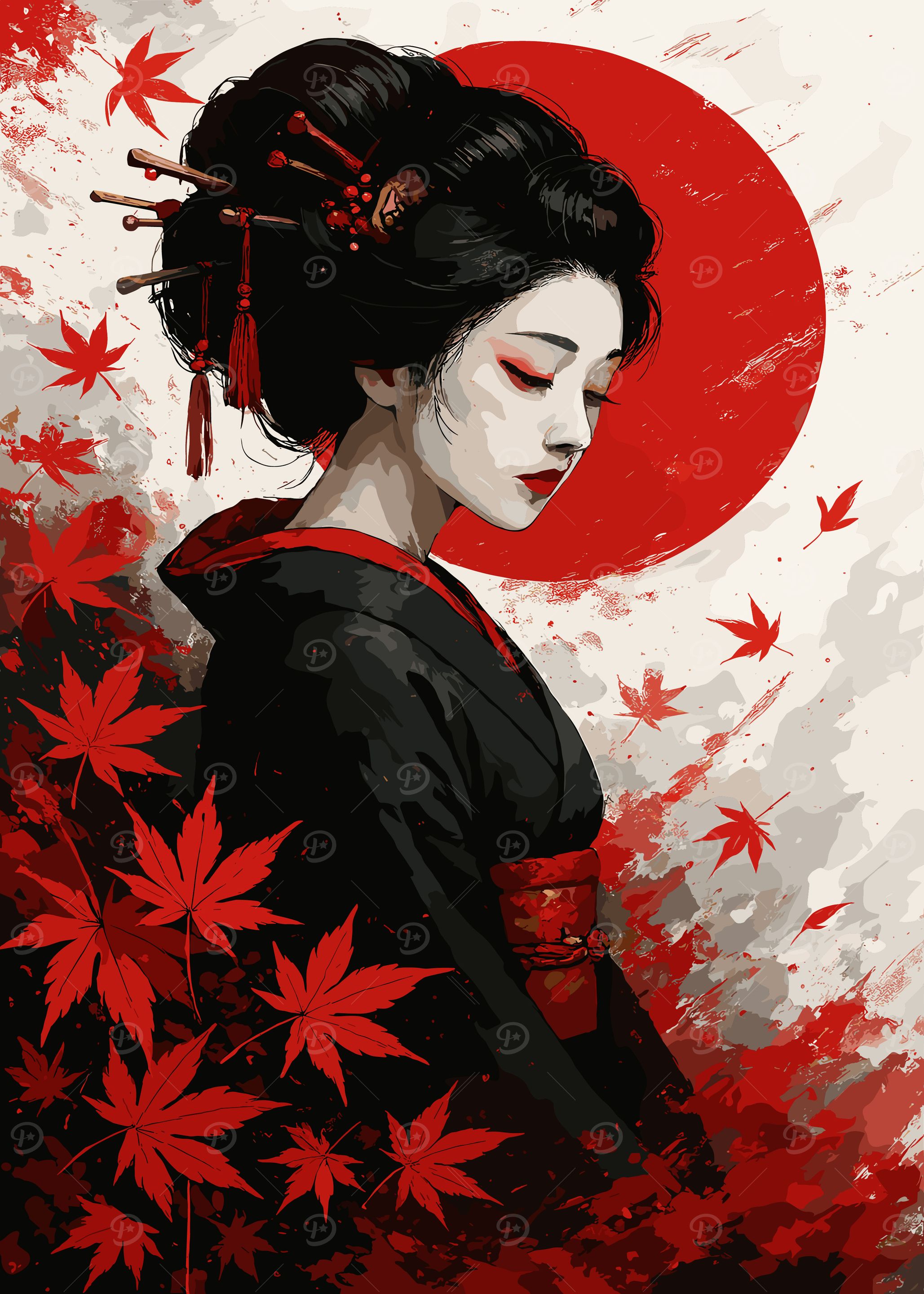 Geisha with Red Maple Leaves' Poster, picture, metal print, paint