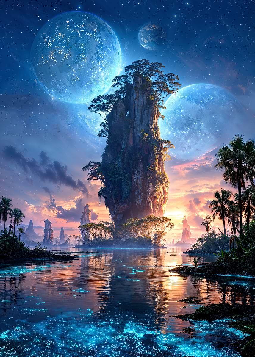 Celestial Mangrove Spires — from the Alien Worlds collection, a Pixaverse metal print
