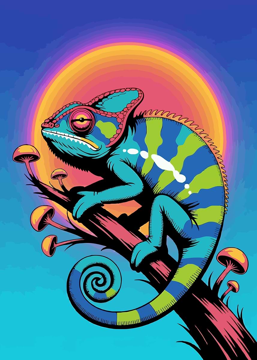 Colorful Chameleon on Branch with Mushrooms' Poster, picture
