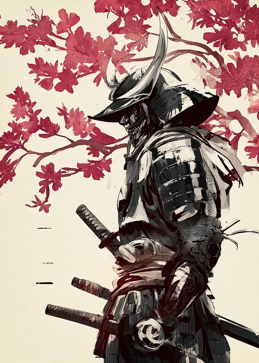 Samurai Warrior with Cherry Blossoms' Poster, picture, metal print