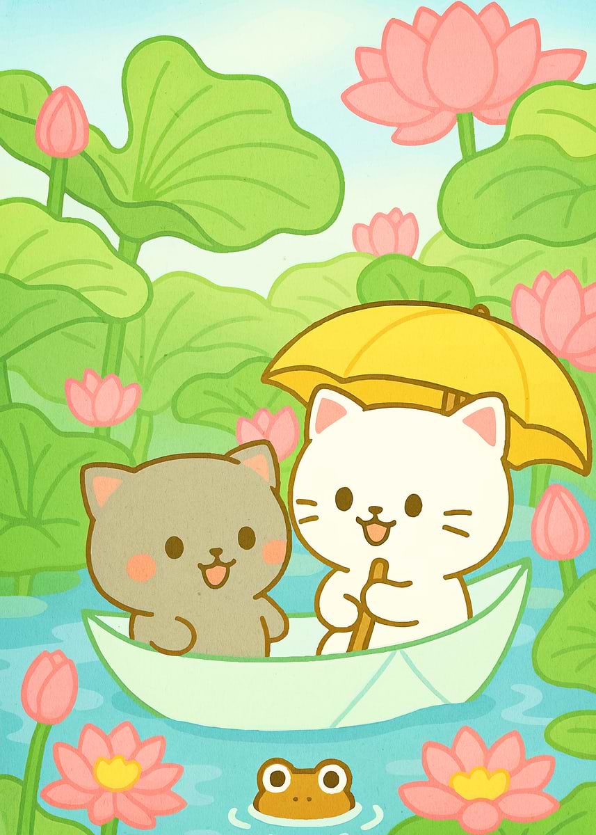 'Cute Cats Boating Lotus' Poster, picture, metal print, paint by ...
