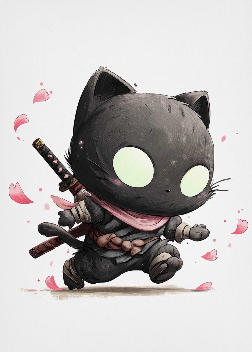 Cute Ninja Cat with Sword' Poster, picture, metal print, paint by