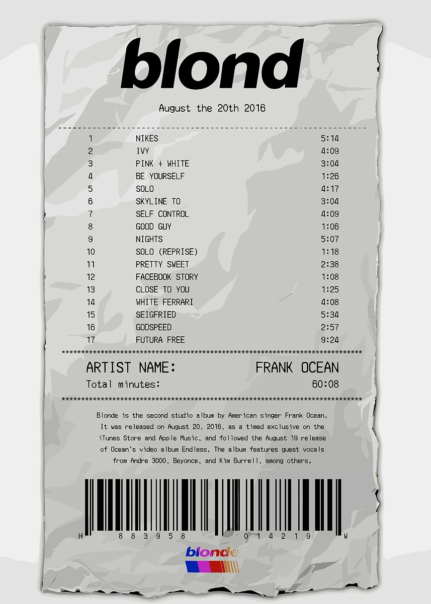 Frank Ocean Blonde Album Receipt' Poster, picture, metal print