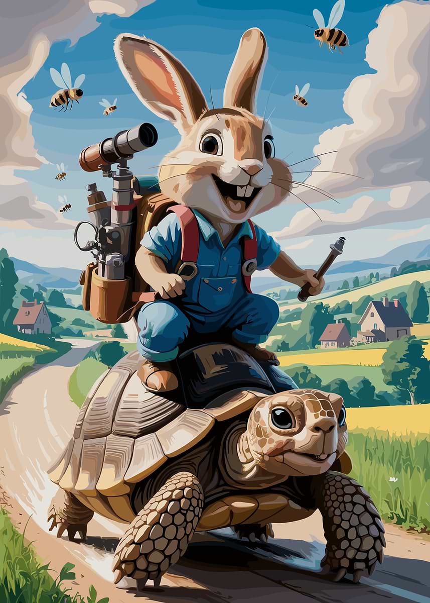 Rabbit Riding 'Rabbit riding a turtle with bees' Poster, picture, metal print, paint ...
