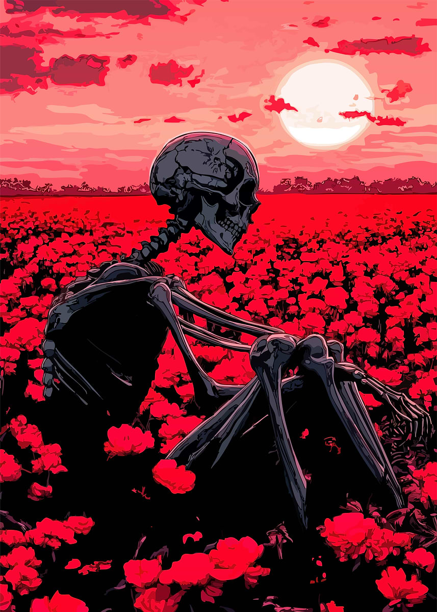51% Original Flame＋ アートポスター Skeleton in Red Flower Field' Poster, picture, metal print, paint
