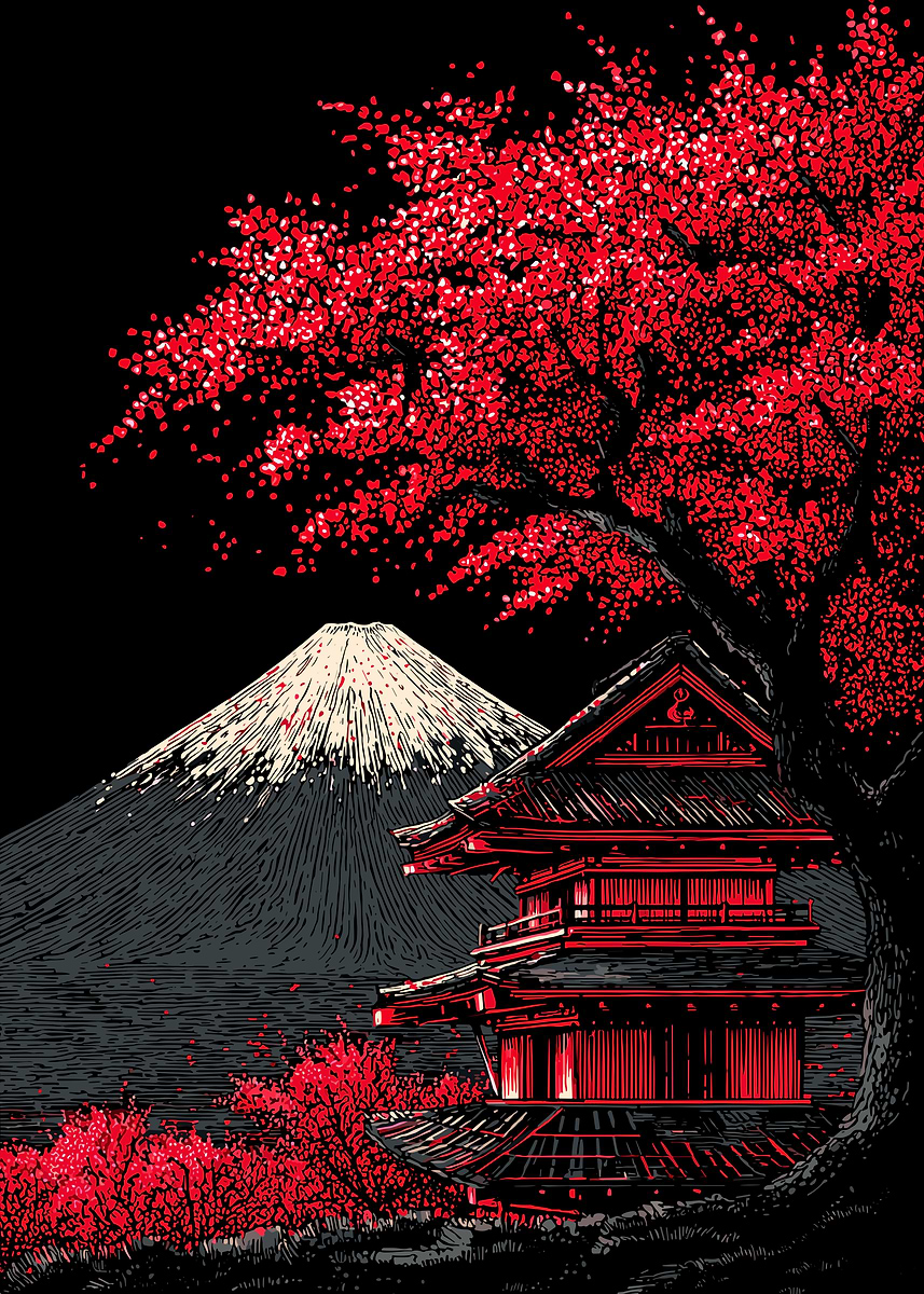 ホンマタカシ　MOUNTAINS OF GOD 展示ポスター Japanese Landscape with Mount Fuji and Temple' Poster, picture
