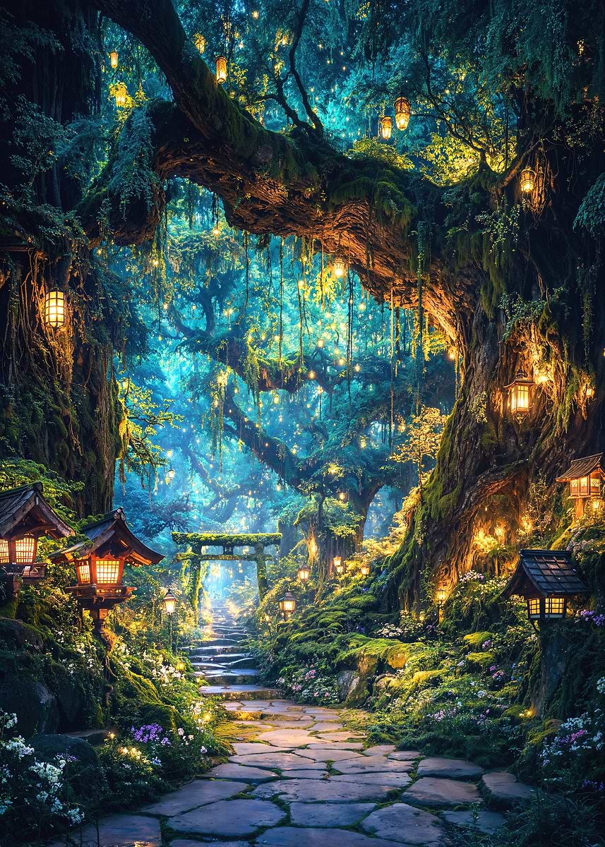 Lantern Path of the Spirit Grove — from the Soul Of Japan collection, a Pixaverse metal print