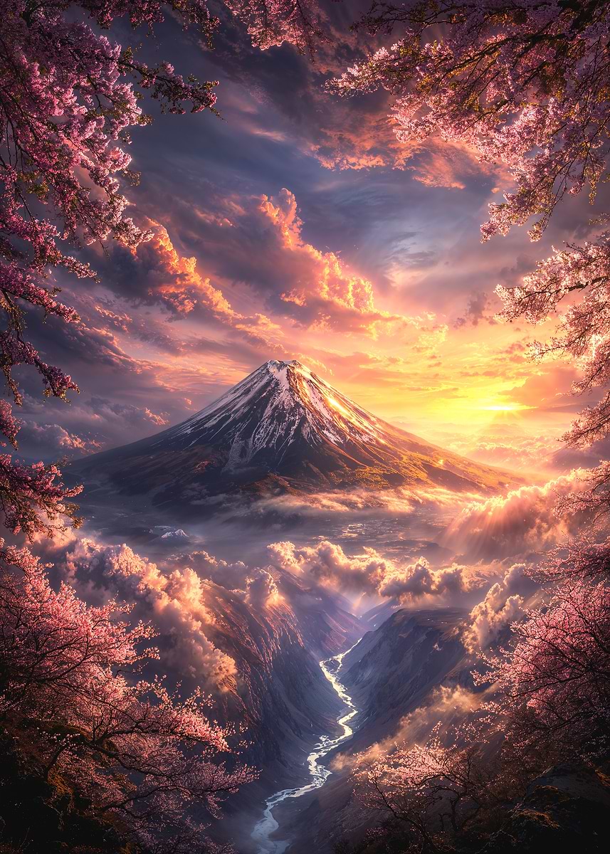 Sunset Sakura Fuji — from the Soul Of Japan collection, a Pixaverse metal print
