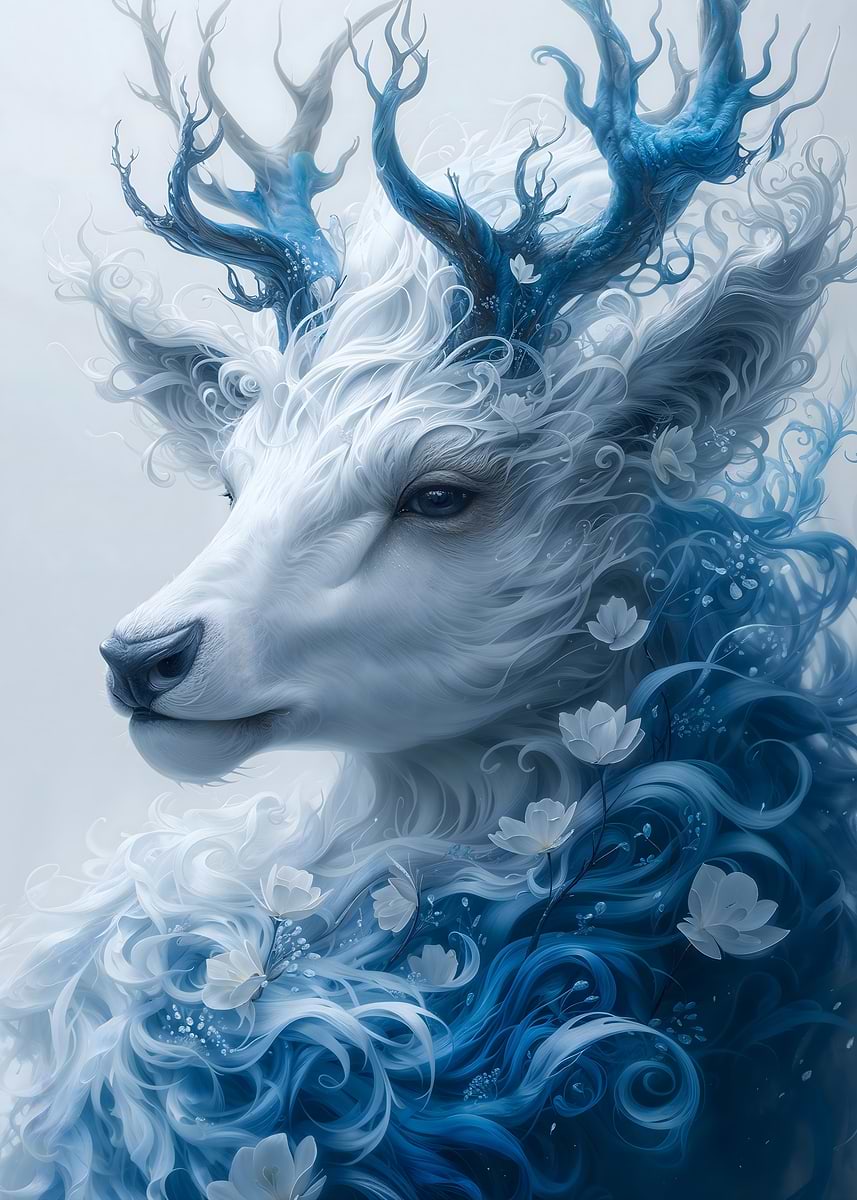 'Blue and White Floral Deer Portrait' Poster, picture, metal print ...